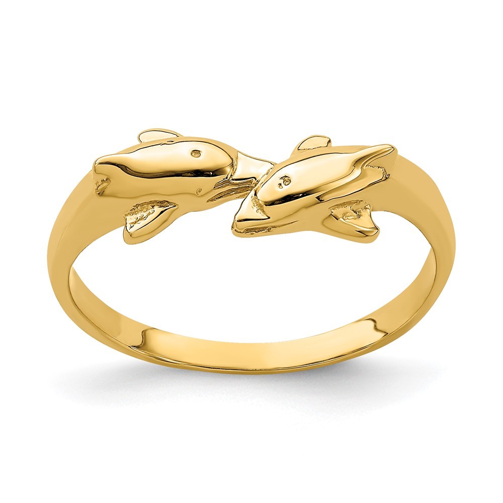 14k Yellow Gold Small Dolphin Kissing Small Dolphin Ring, Size 6